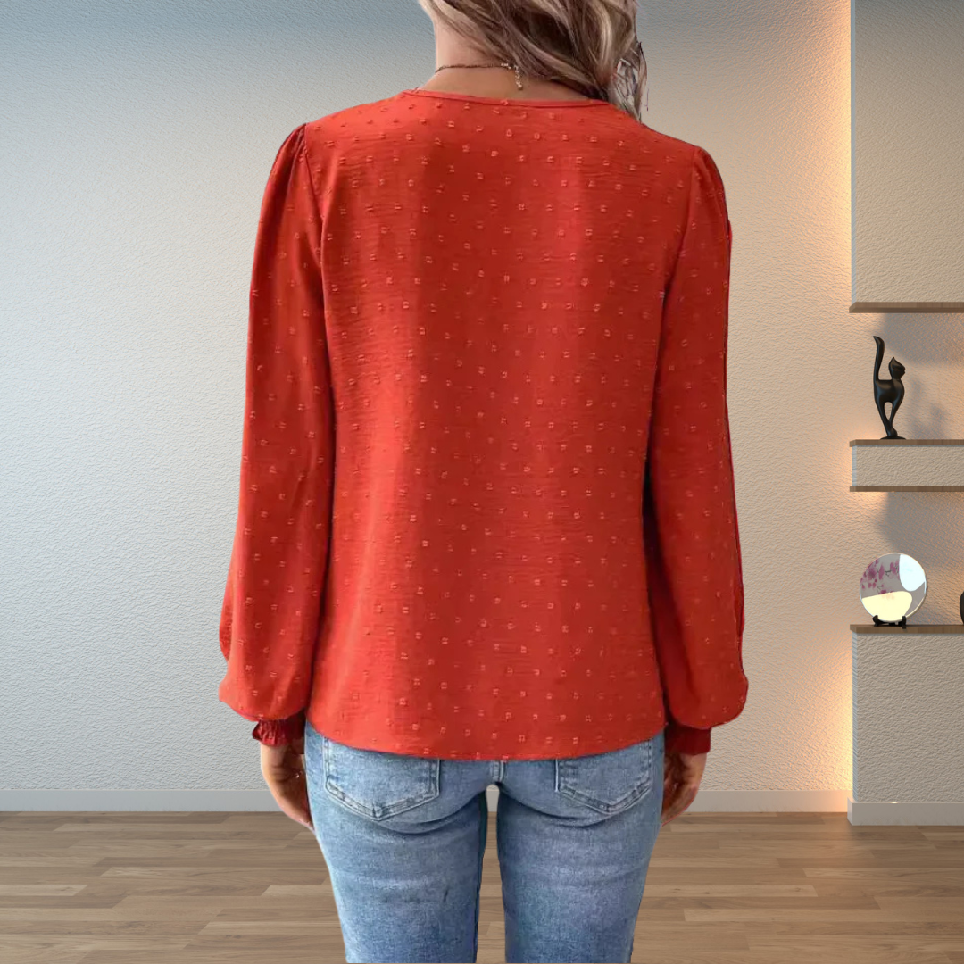 Lace Blouse with V-Neckline and Puff Sleeves