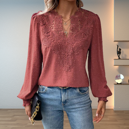 Lace Blouse with V-Neckline and Puff Sleeves