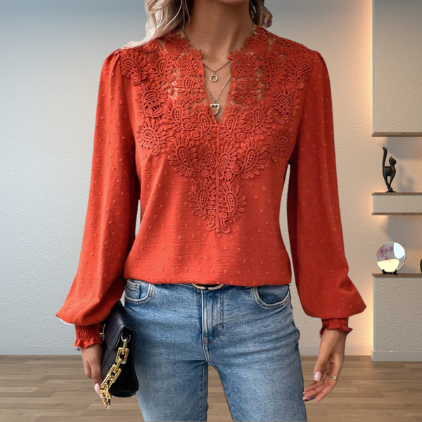Lace Blouse with V-Neckline and Puff Sleeves