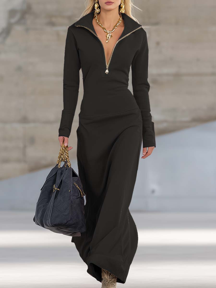 Long Sleeve Maxi Dress with Half Zip