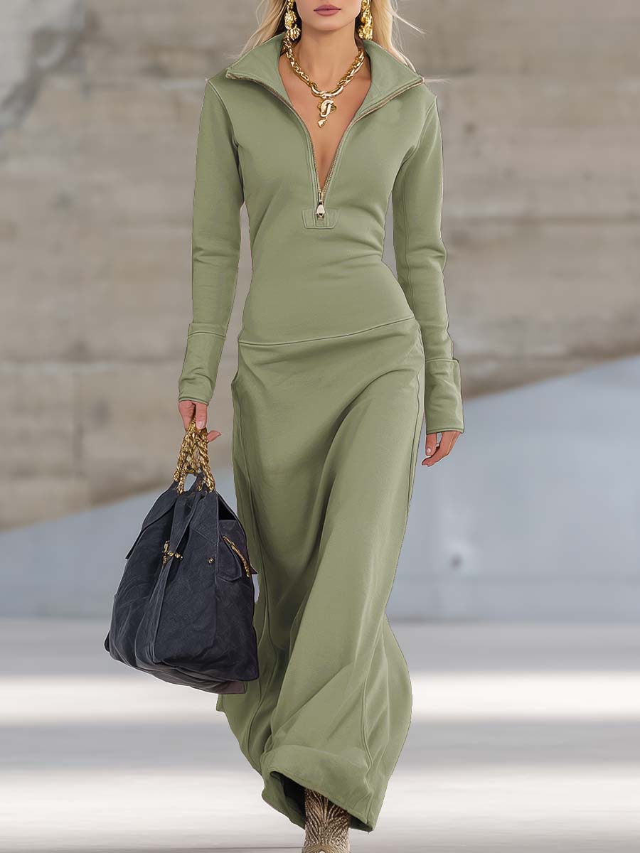 Long Sleeve Maxi Dress with Half Zip