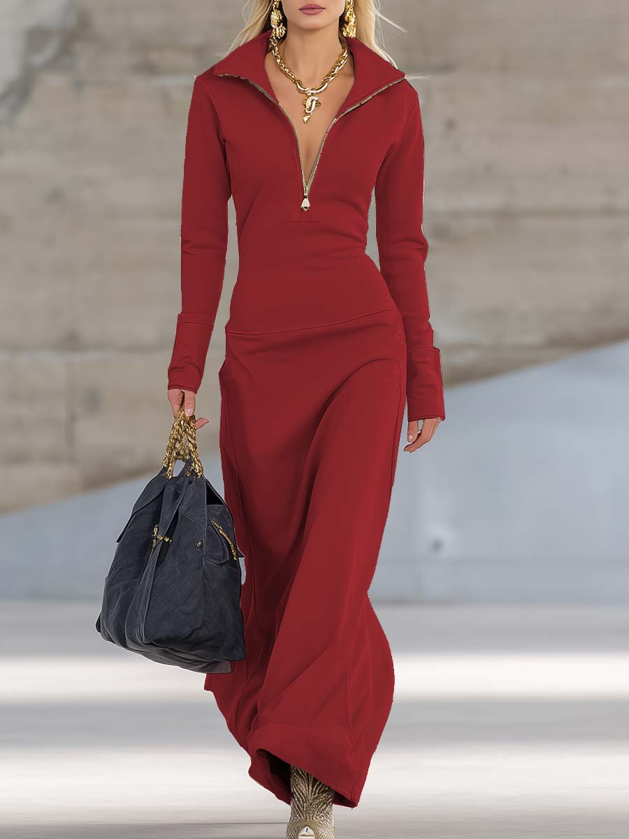 Long Sleeve Maxi Dress with Half Zip