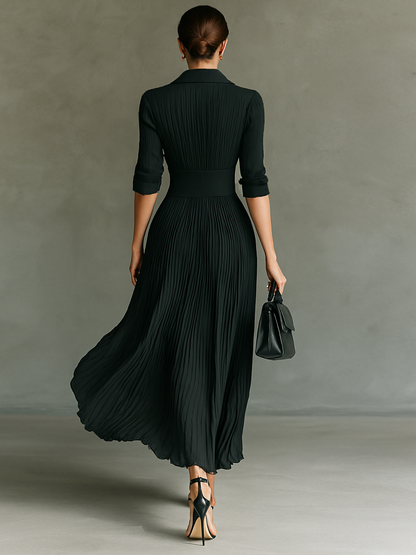 Pleated Lapel Waist Maxi Dress