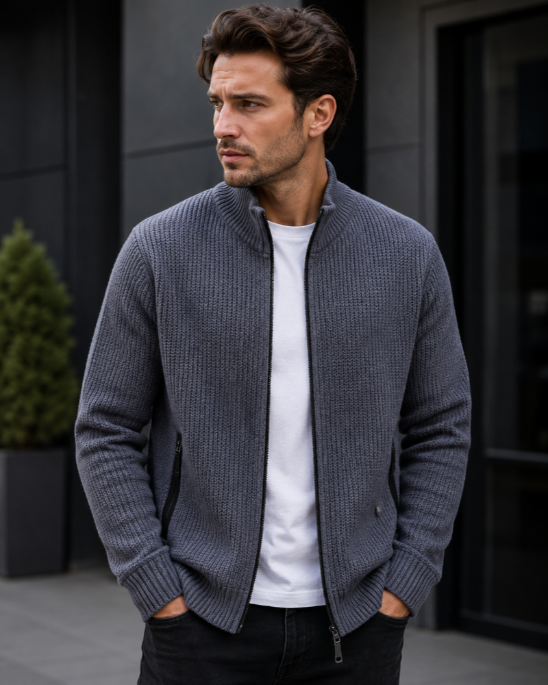Jill Zip Cardigan Thick Knit with High Neck and Zippered Pockets