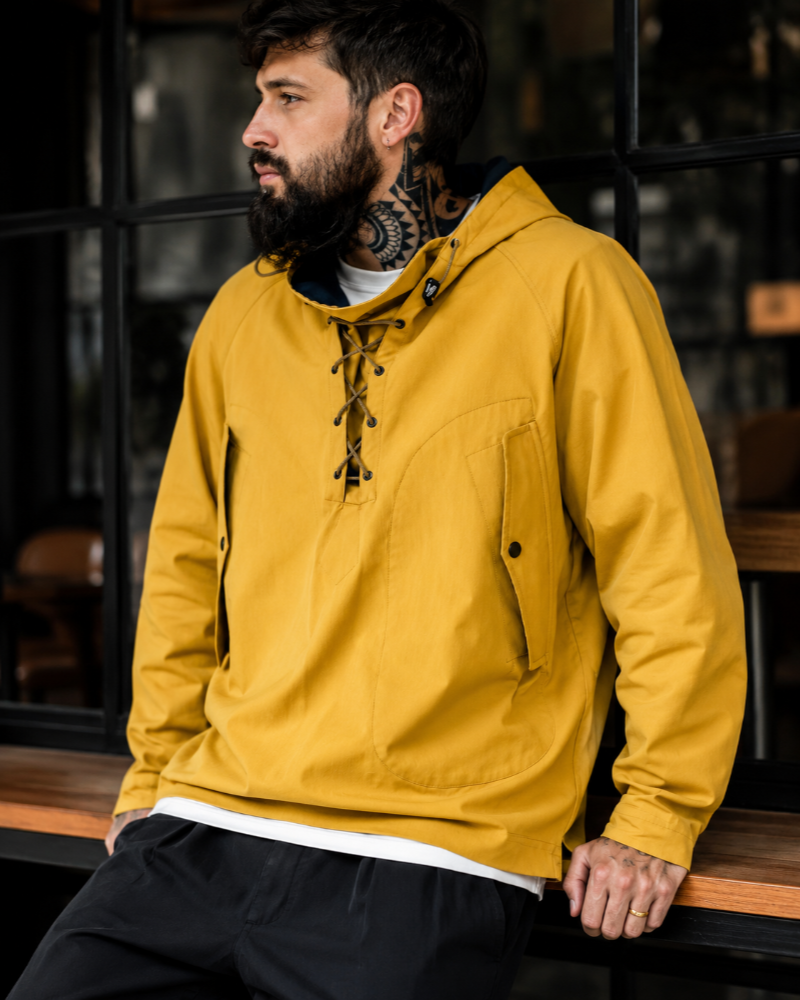 Leon Pullover Hooded Jacket with Lace-Up Collar and Side Pockets