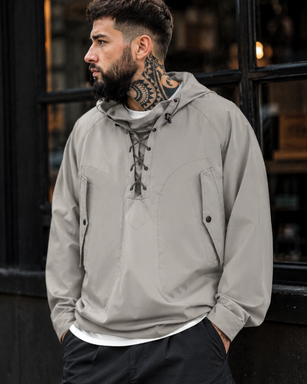 Leon Pullover Hooded Jacket with Lace-Up Collar and Side Pockets