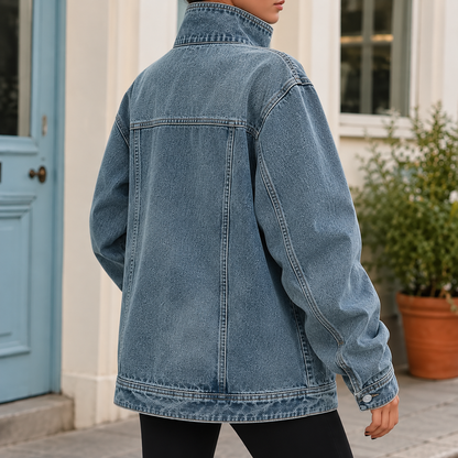 Oversized Denim Jacket with Funnel Collar and Offset Button Front