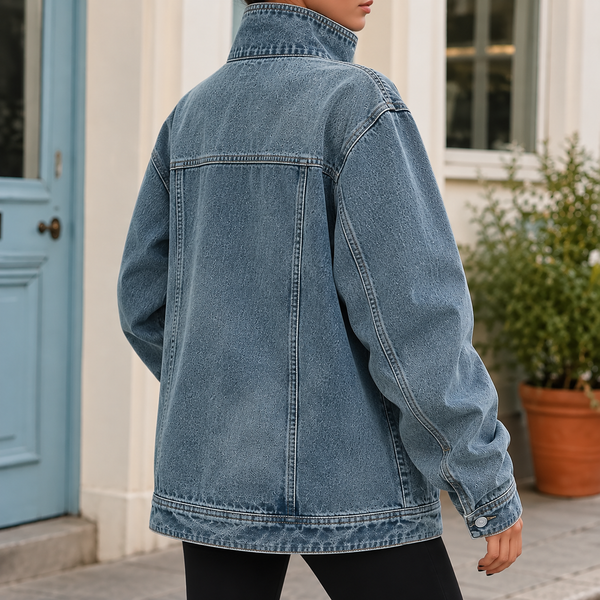 Oversized Denim Jacket with Funnel Collar and Offset Button Front