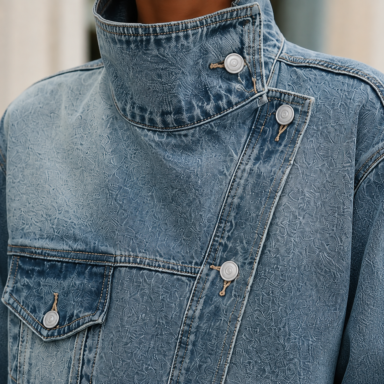 Oversized Denim Jacket with Funnel Collar and Offset Button Front