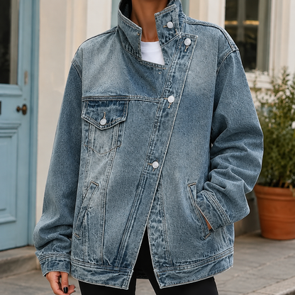 Oversized Denim Jacket with Funnel Collar and Offset Button Front