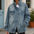 Oversized Denim Jacket with Funnel Collar and Offset Button Front