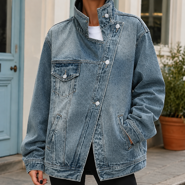 Oversized Denim Jacket with Funnel Collar and Offset Button Front