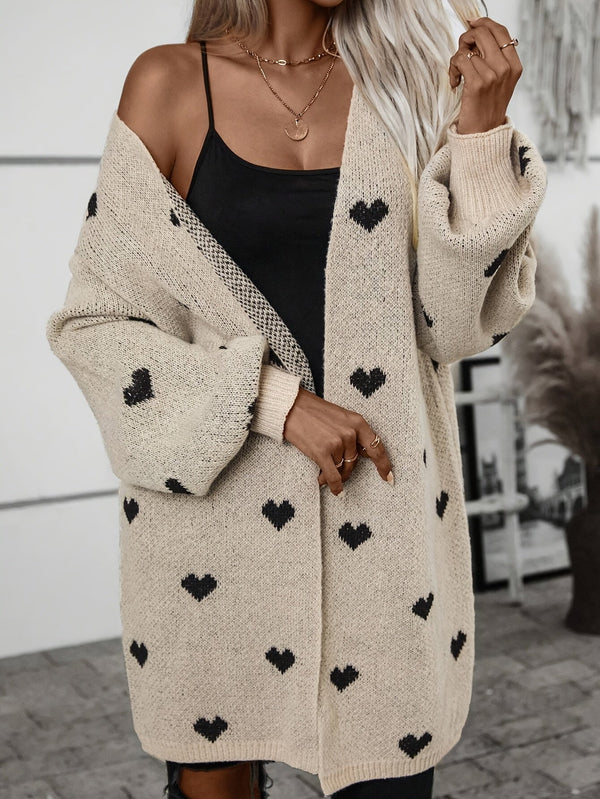 Oversized Khaki Heart Print Knit Cardigan with Open Front