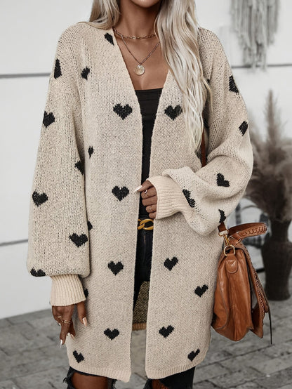 Oversized Khaki Heart Print Knit Cardigan with Open Front