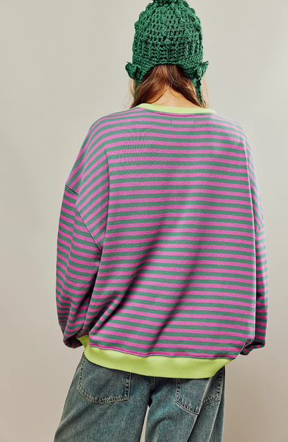Oversized Striped Sweatshirt with Contrast Trim and Drop Shoulders