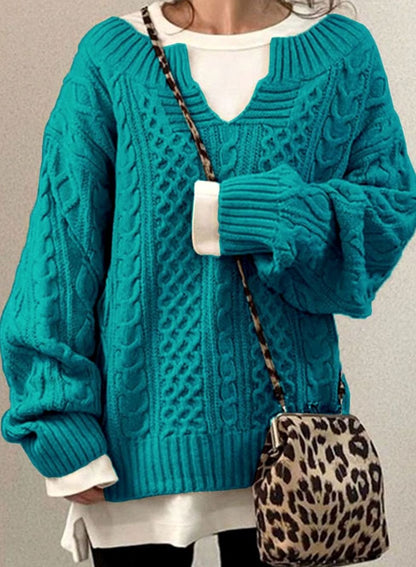 Oversized V-Neck Cable Knit Sweater