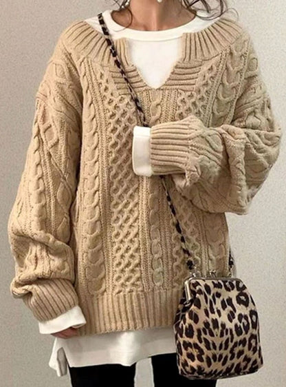 Oversized V-Neck Cable Knit Sweater