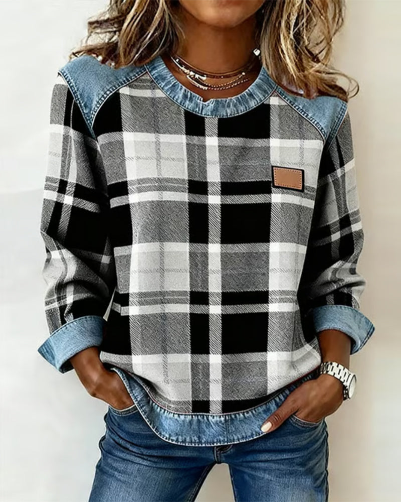 Relaxed Check Print Long Sleeve Top with Denim Trim