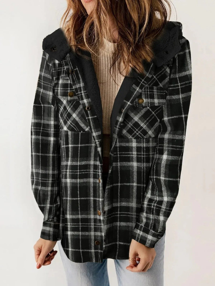 Relaxed Fit Check Flannel Shacket with Sherpa Lined Hood