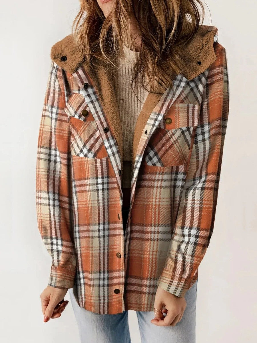 Relaxed Fit Check Flannel Shacket with Sherpa Lined Hood