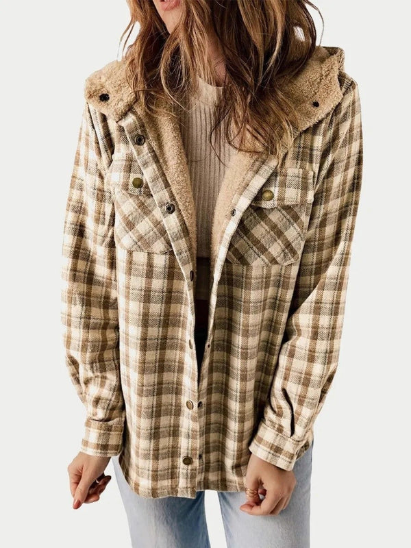 Relaxed Fit Check Flannel Shacket with Sherpa Lined Hood