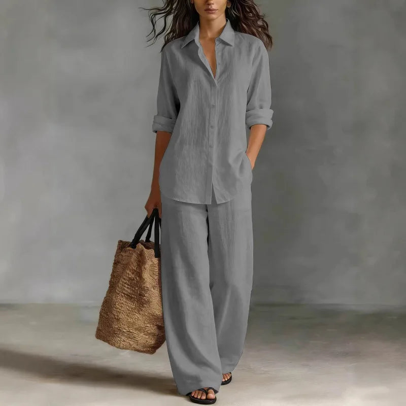 Relaxed Linen Two Piece Set with Long Sleeve Shirt and Wide Leg Trousers