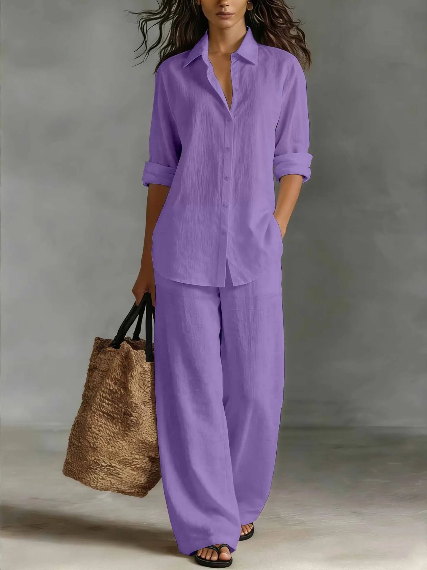 Relaxed Linen Two Piece Set with Long Sleeve Shirt and Wide Leg Trousers
