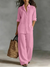 Relaxed Linen Two Piece Set with Long Sleeve Shirt and Wide Leg Trousers