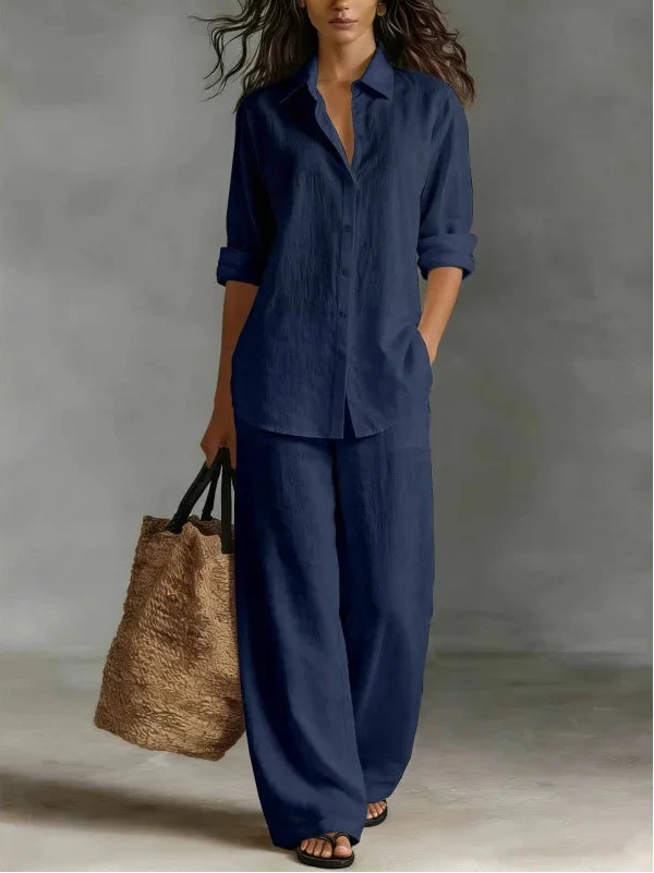 Relaxed Linen Two Piece Set with Long Sleeve Shirt and Wide Leg Trousers