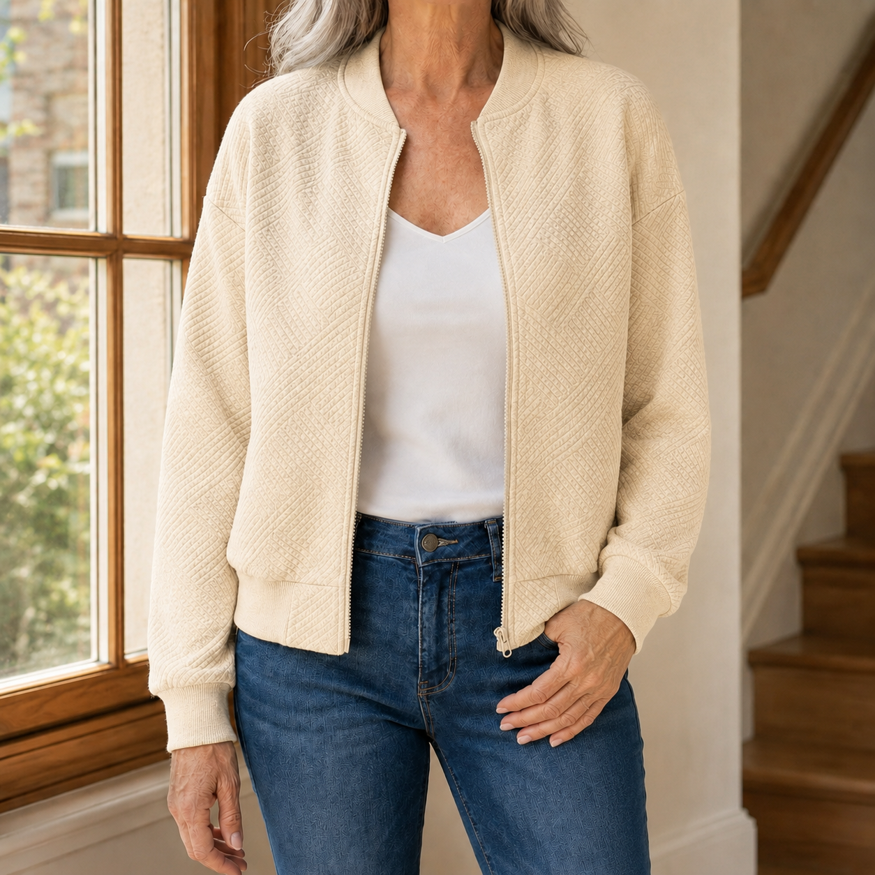 Relaxed Quilted Bomber Jacket with Geometric Texture