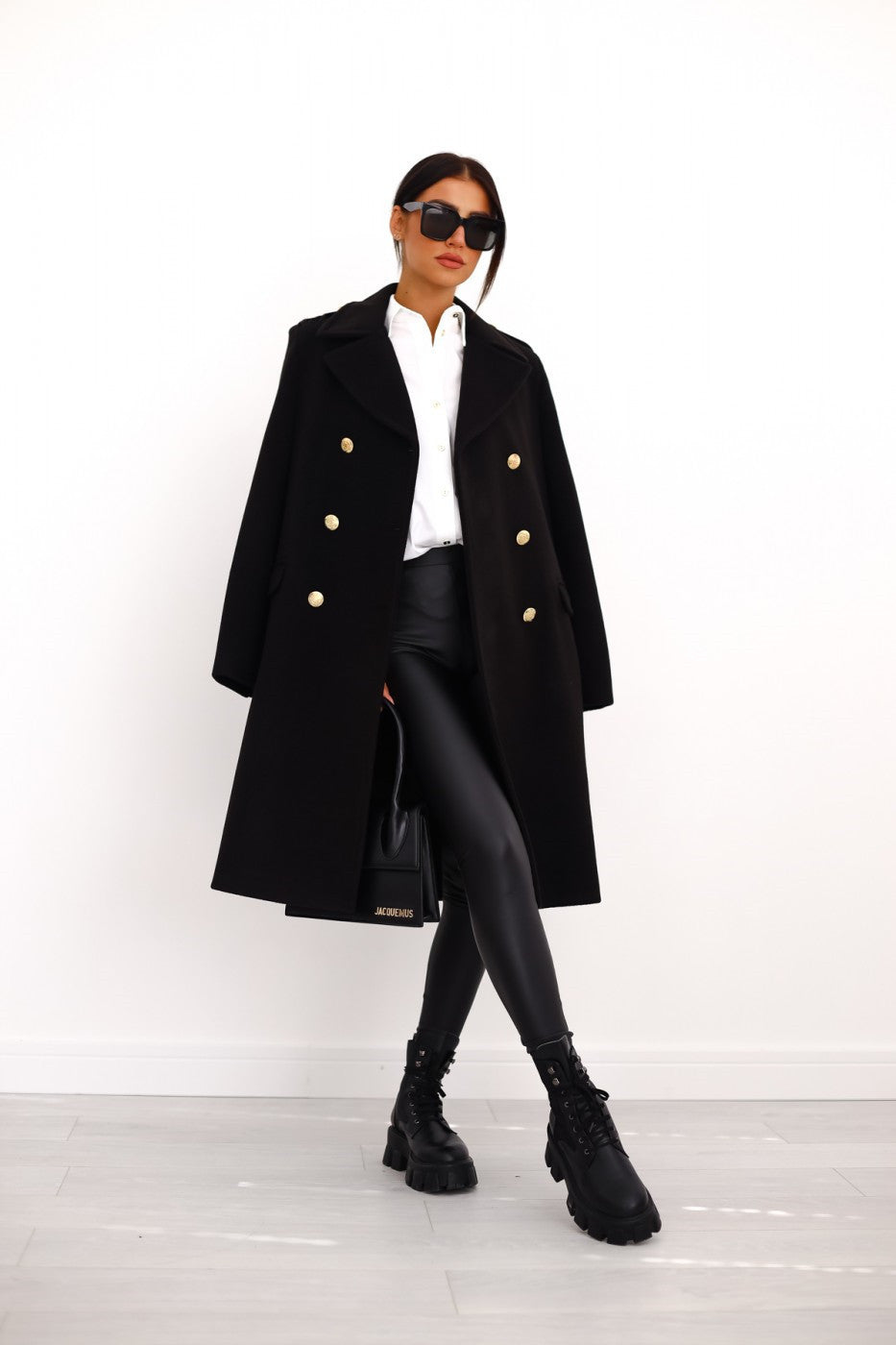 Long Wool Coat with Golden Buttons