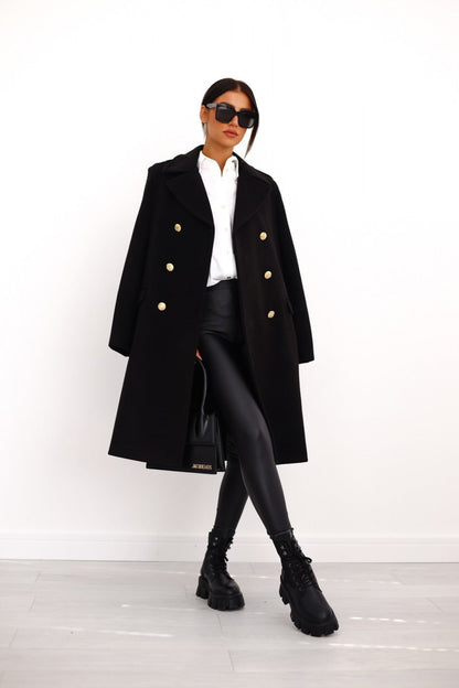 Long Wool Coat with Golden Buttons