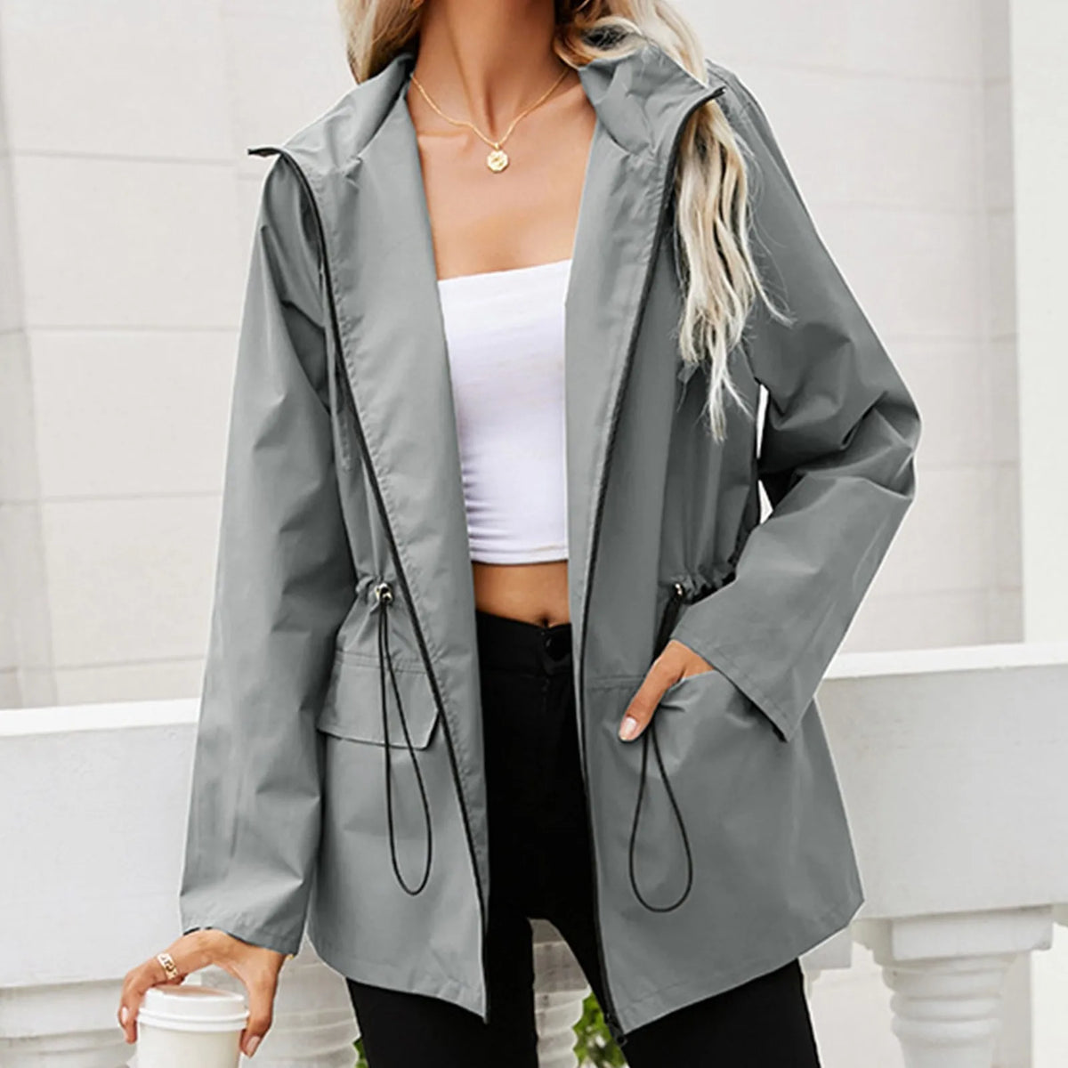 Oversized Hooded Zip Raincoat