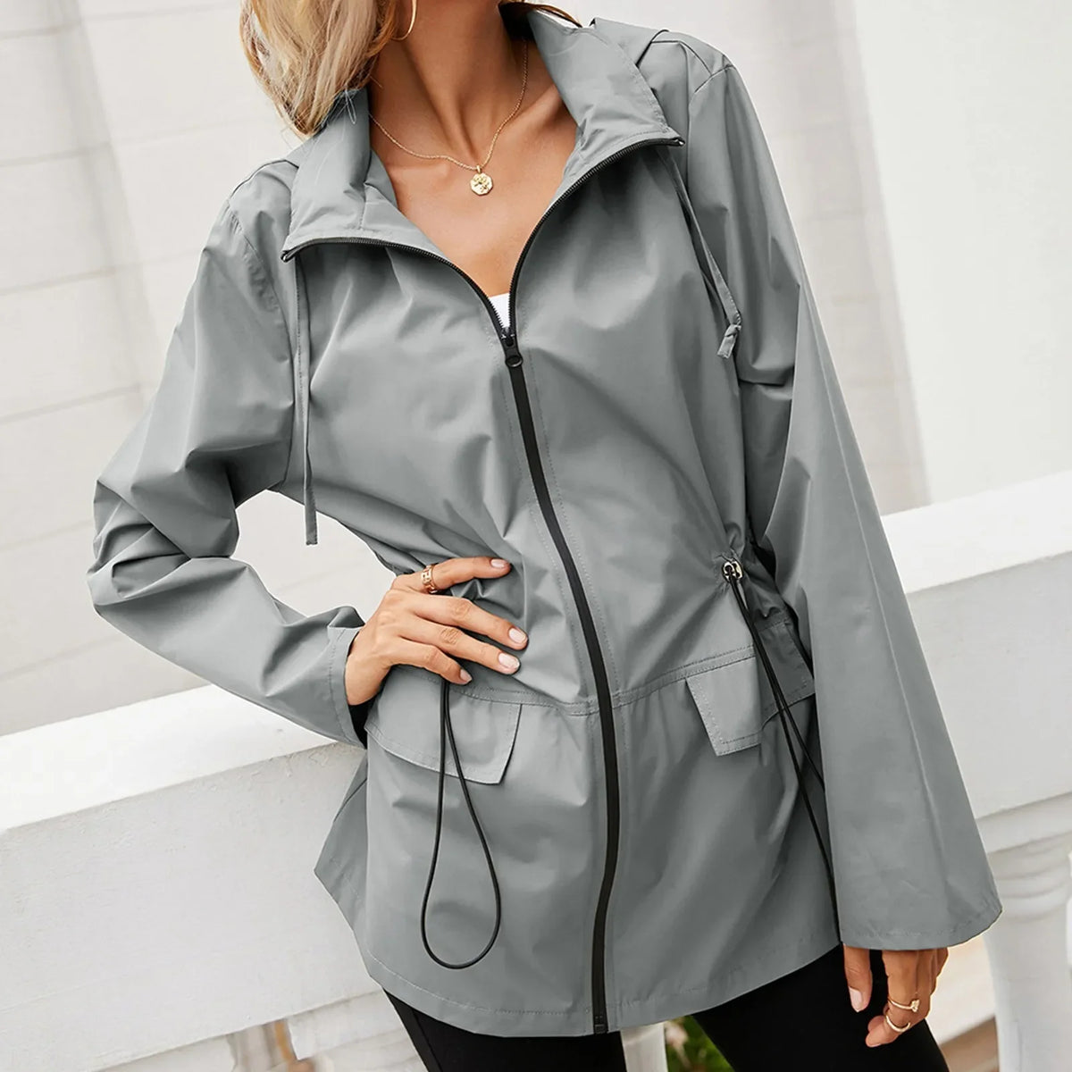 Oversized Hooded Zip Raincoat