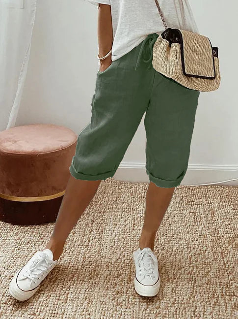 Lightweight Capri Trousers with Elastic Waistband and Drawstring
