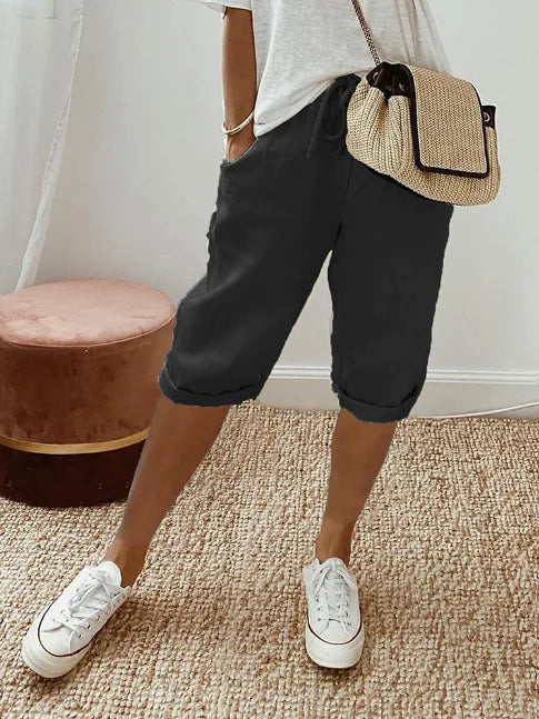 Lightweight Capri Trousers with Elastic Waistband and Drawstring