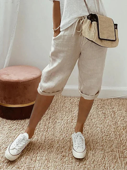 Lightweight Capri Trousers with Elastic Waistband and Drawstring