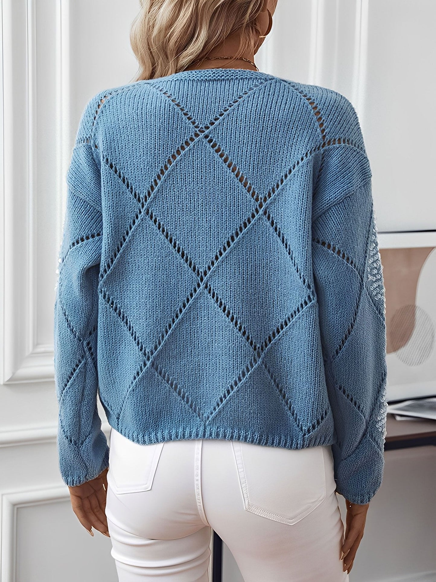 Sequin Diamond Knit Sweater with Crew Neck and Puff Sleeves