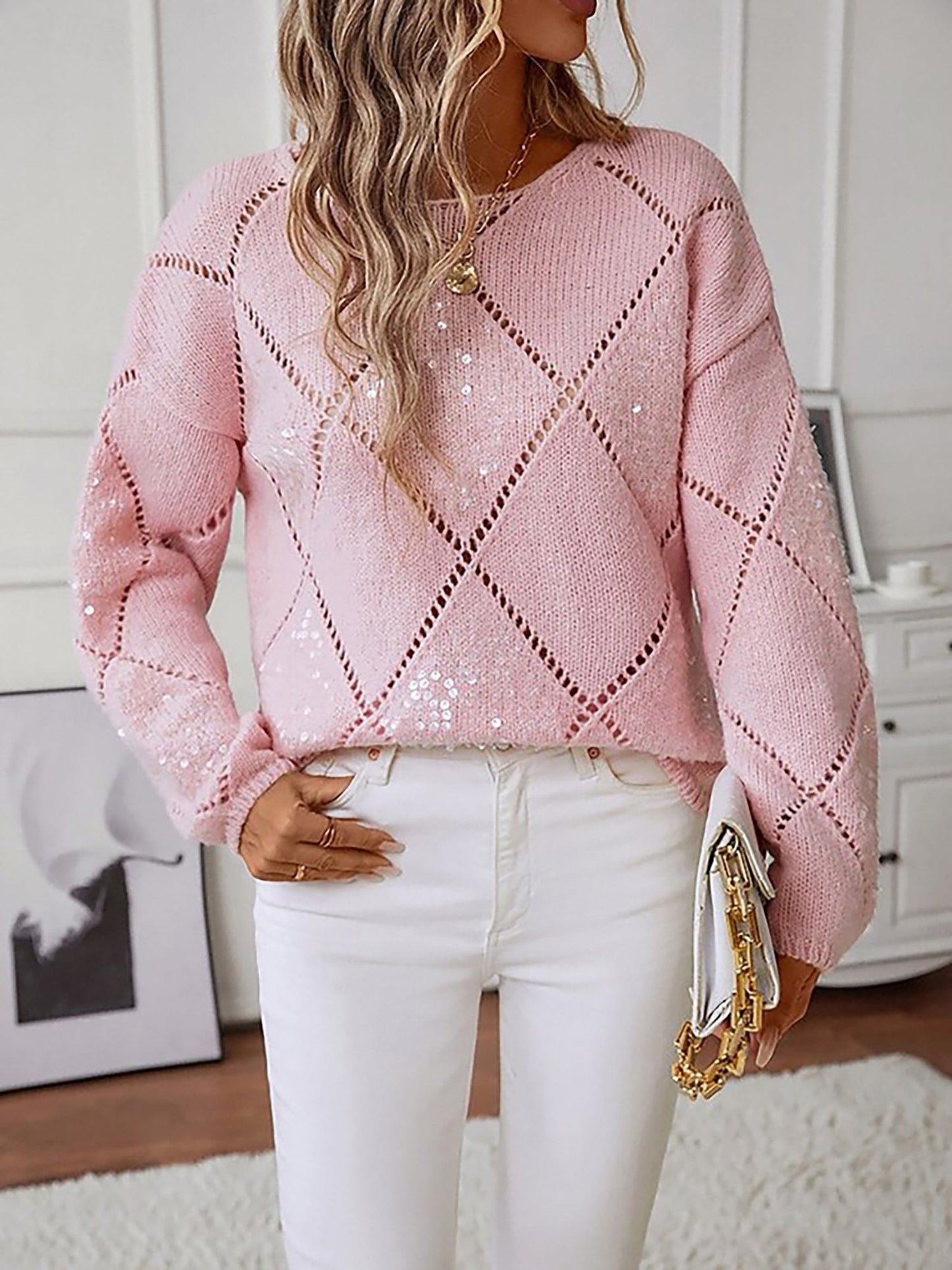Sequin Diamond Knit Sweater with Crew Neck and Puff Sleeves