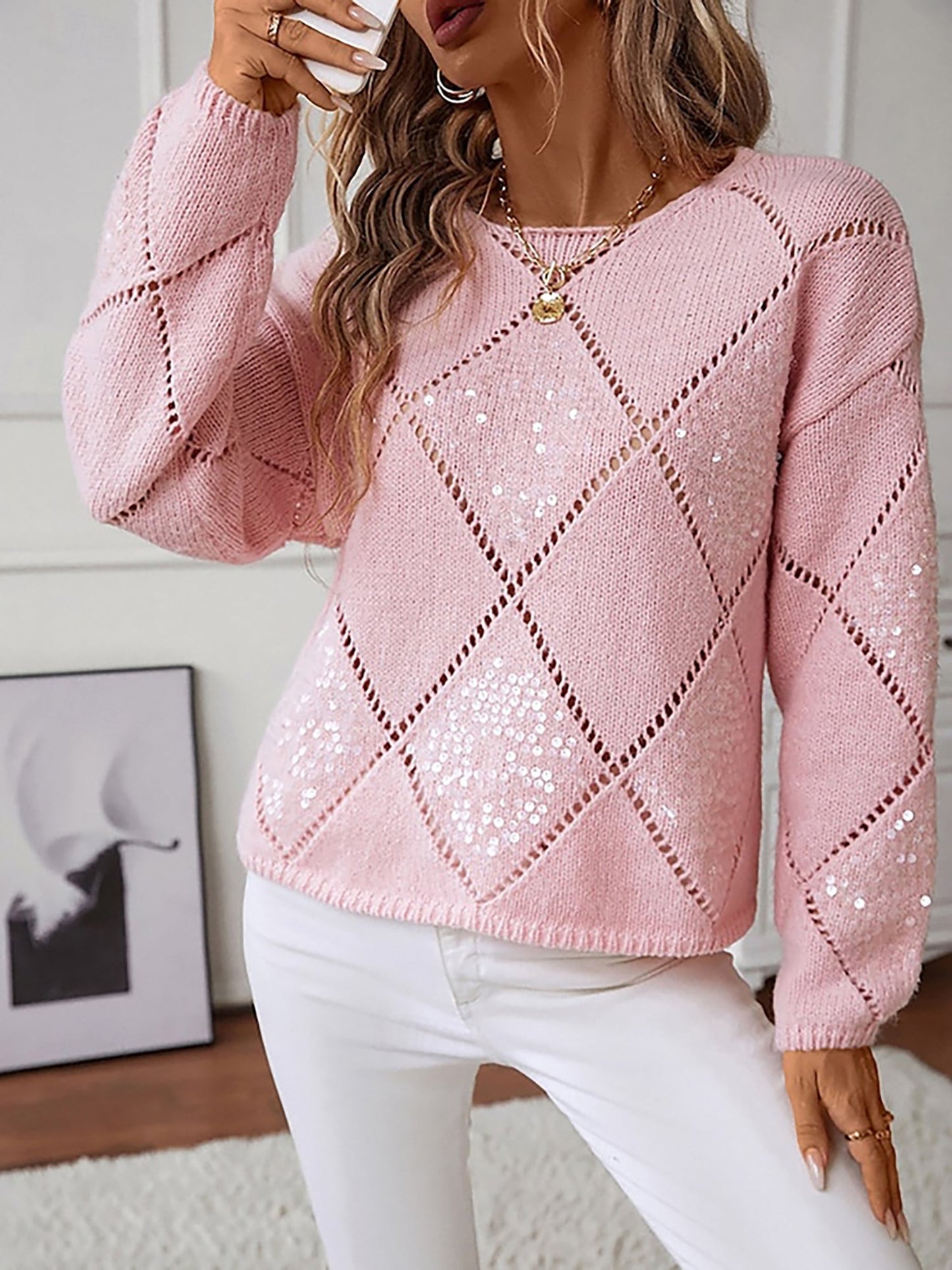 Sequin Diamond Knit Sweater with Crew Neck and Puff Sleeves