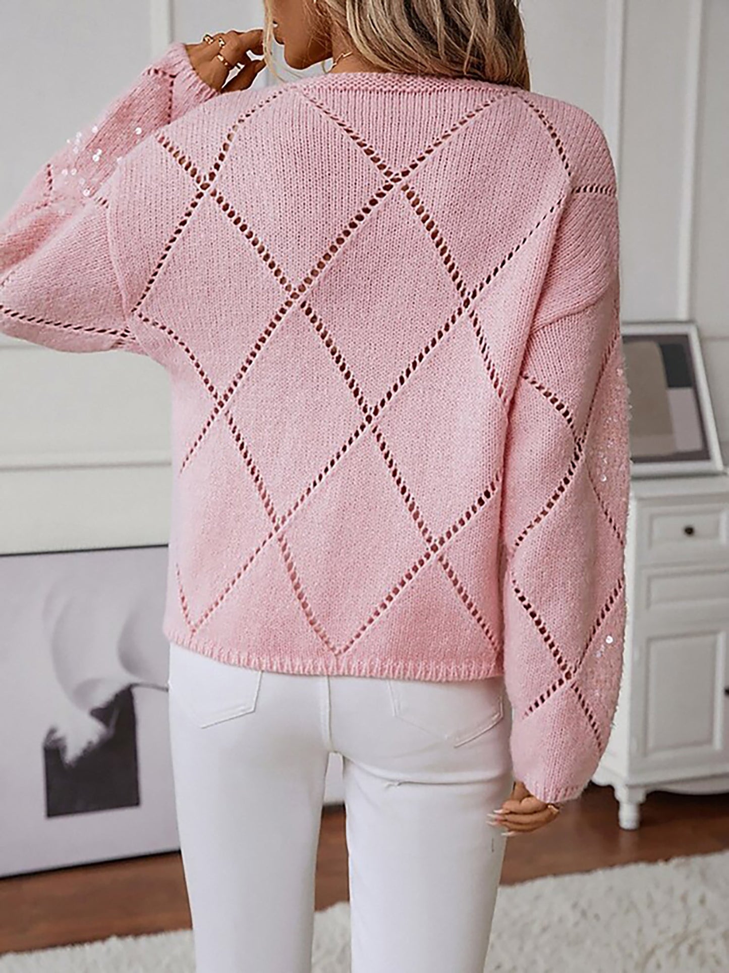 Sequin Diamond Knit Sweater with Crew Neck and Puff Sleeves