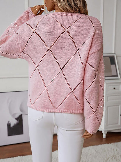 Sequin Diamond Knit Sweater with Crew Neck and Puff Sleeves