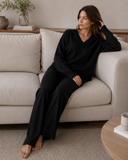 Zenova Ensemble en Maille Femme – Pull Col V et Pantalon Large Coordonné