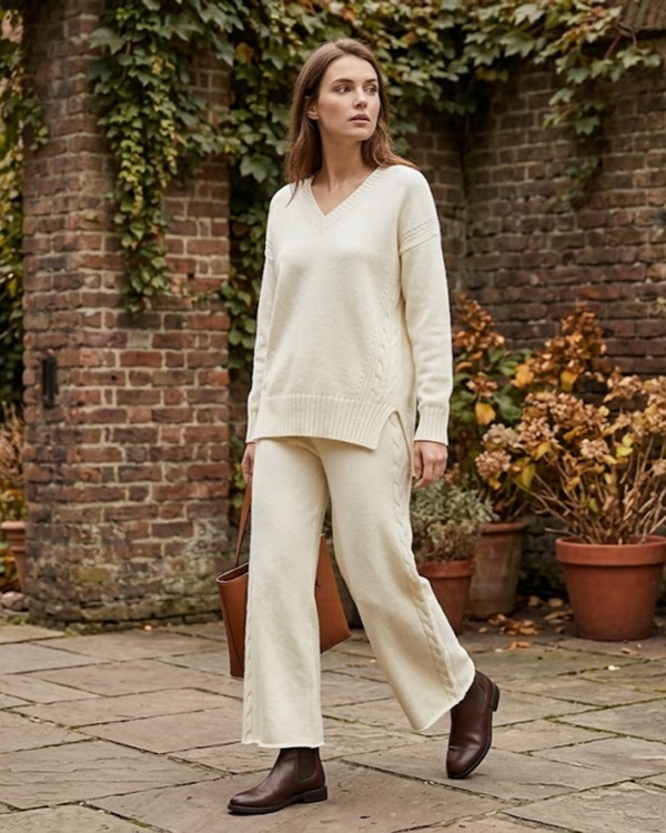 Zyvana Knit Set Oversized V-Neck Sweater & Wide-Leg Cable Knit Trousers