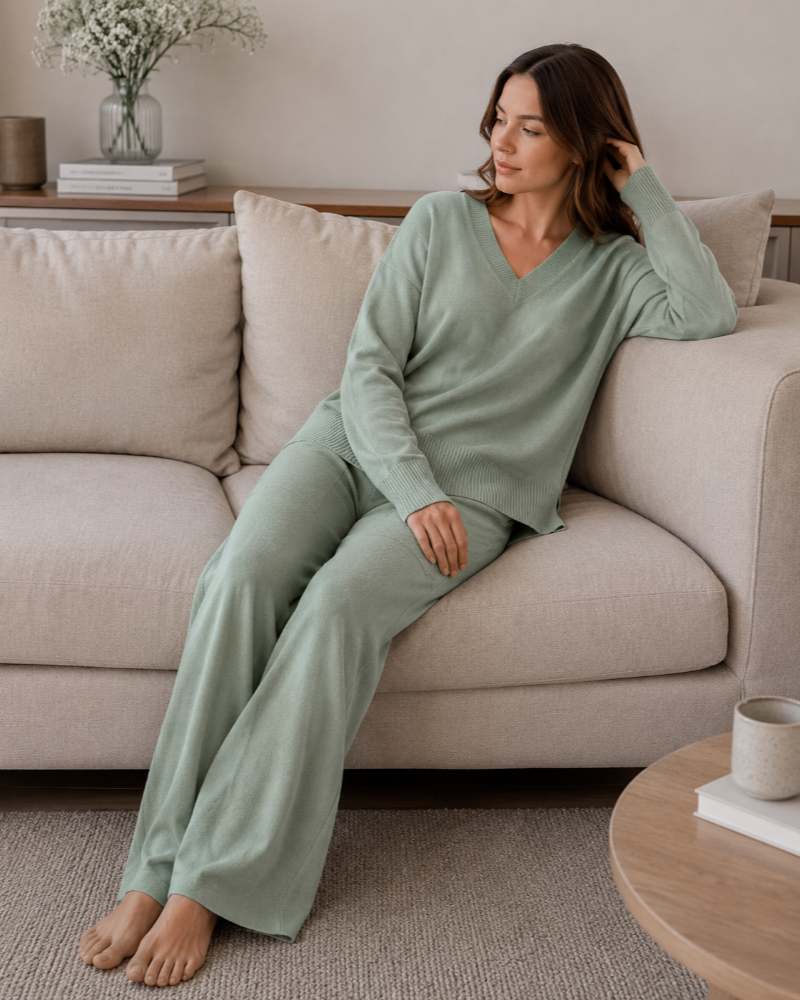 Zenova Ensemble en Maille Femme – Pull Col V et Pantalon Large Coordonné