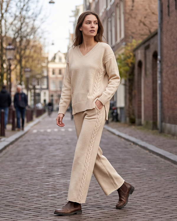 Zyvana Knit Set Oversized V-Neck Sweater & Wide-Leg Cable Knit Trousers
