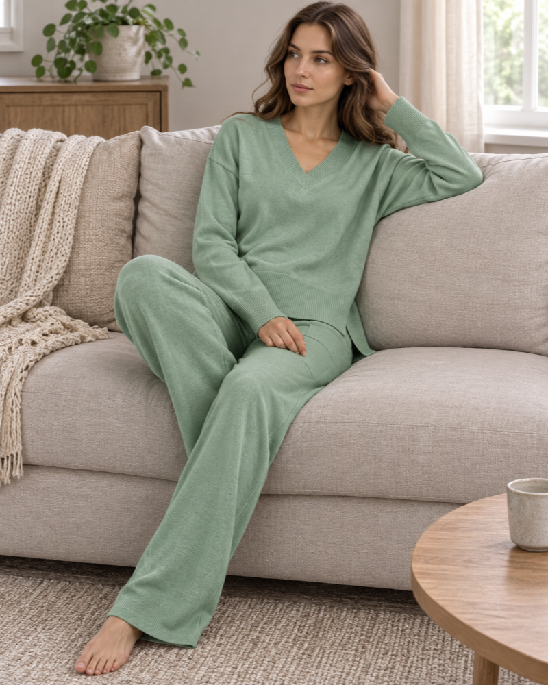 Zenova Ensemble en Maille Femme – Pull Col V et Pantalon Large Coordonné