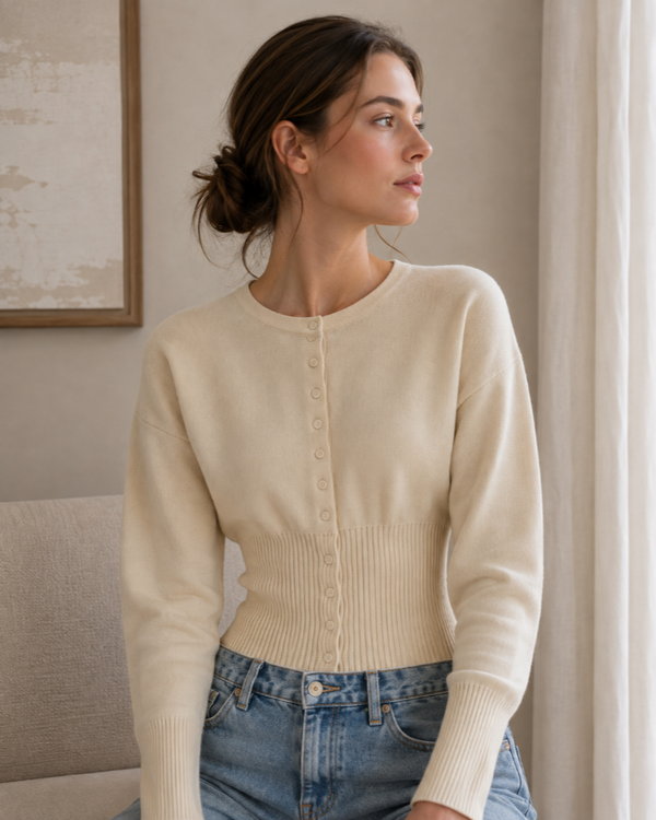 Odette  Cardigan Fitted Waist, Round Neck & Buttoned Knit