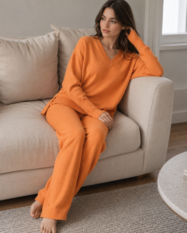 Zenova Ensemble en Maille Femme – Pull Col V et Pantalon Large Coordonné