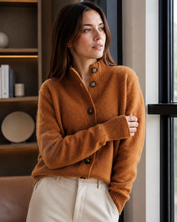 Luz Buttoned Cardigan Soft Knit with High Neck and Long Sleeves